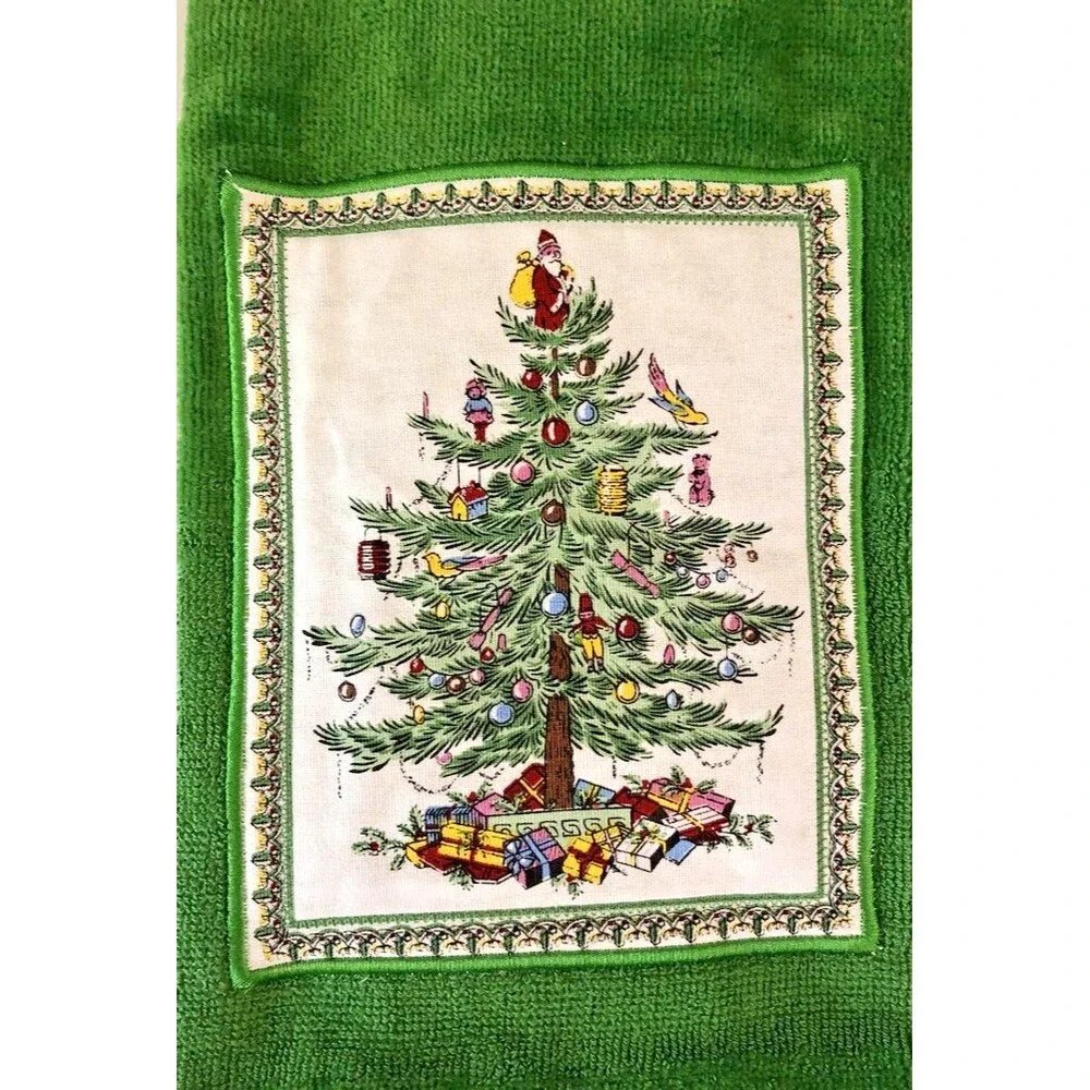 Spode Christmas Tree Kitchen Dish Towels Set of 2 Green Appliqued 100% Cotton